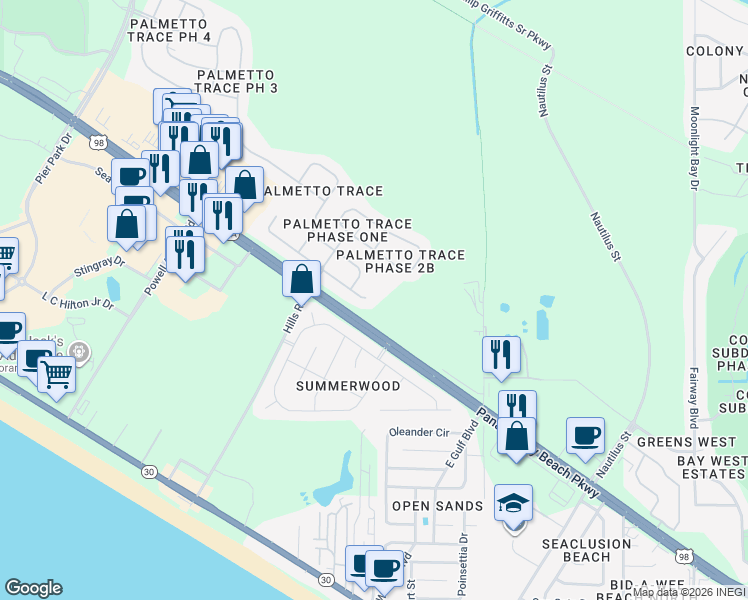 map of restaurants, bars, coffee shops, grocery stores, and more near 123 Biltmore Place in Panama City Beach