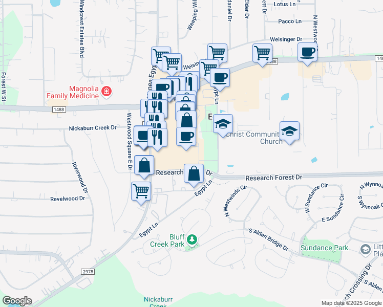 map of restaurants, bars, coffee shops, grocery stores, and more near 32858 Farm to Market Road 2978 in Magnolia