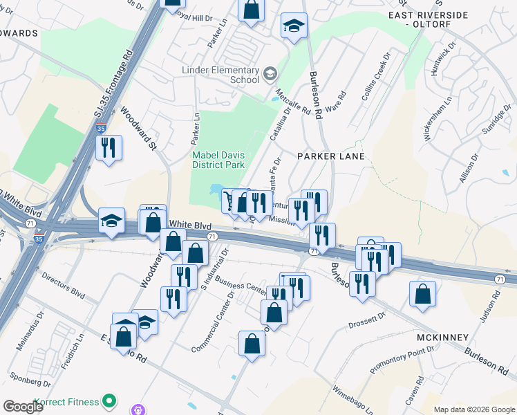 map of restaurants, bars, coffee shops, grocery stores, and more near 3601 Catalina Drive in Austin