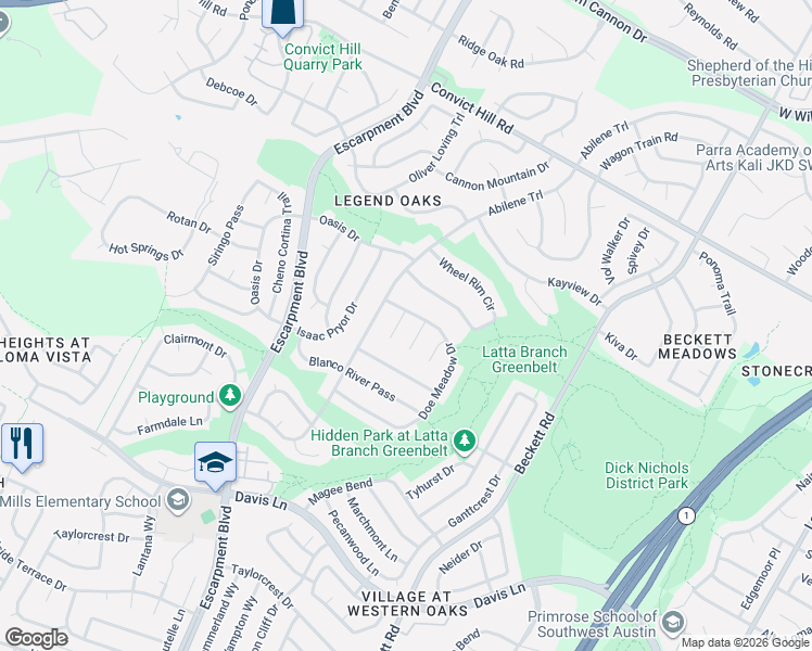 map of restaurants, bars, coffee shops, grocery stores, and more near 8002 Cutler Ridge Place in Austin