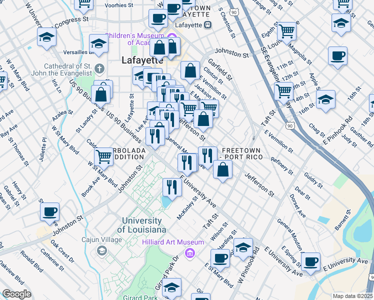 map of restaurants, bars, coffee shops, grocery stores, and more near 317 General Mouton Avenue in Lafayette