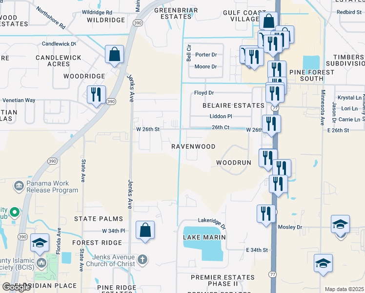 map of restaurants, bars, coffee shops, grocery stores, and more near 2708 Ravenwood Court in Lynn Haven