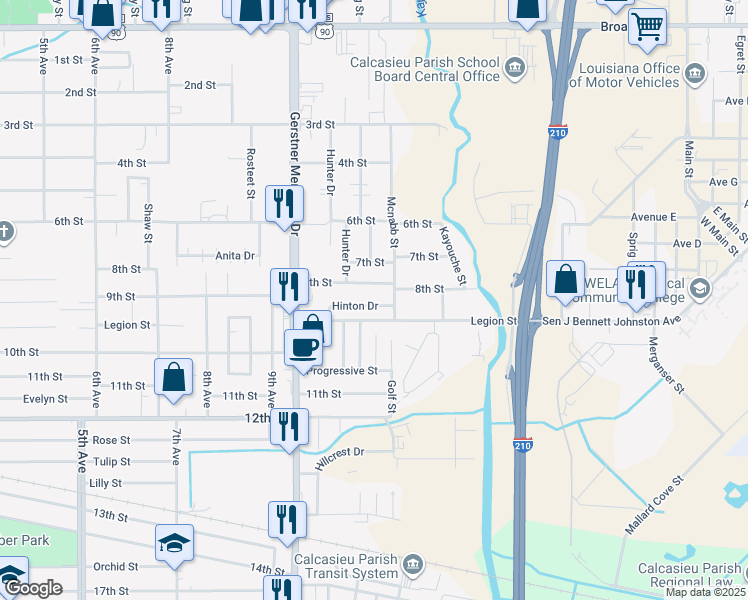 map of restaurants, bars, coffee shops, grocery stores, and more near 2805 Hinton Dr in Lake Charles