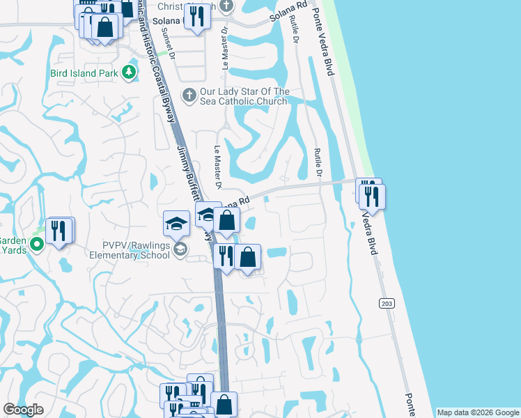map of restaurants, bars, coffee shops, grocery stores, and more near 66 Grand Palm Court in Ponte Vedra Beach