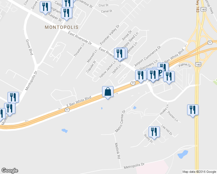 map of restaurants, bars, coffee shops, grocery stores, and more near 7310 East Ben White Boulevard in Austin