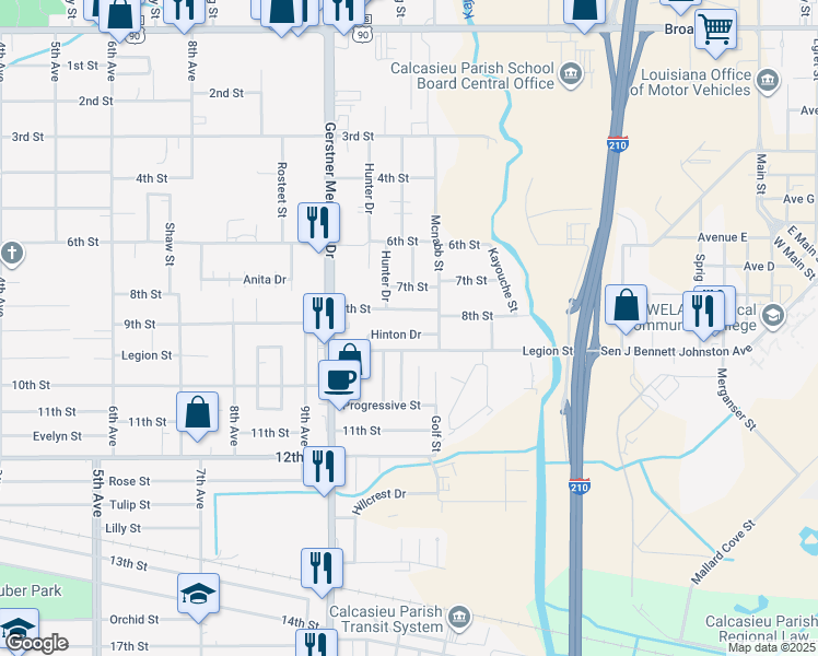 map of restaurants, bars, coffee shops, grocery stores, and more near 2805 Hinton Dr in Lake Charles