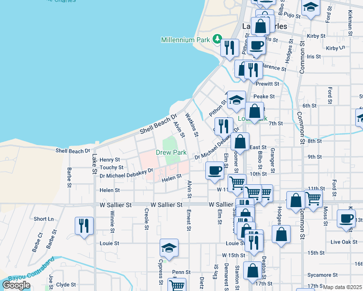 map of restaurants, bars, coffee shops, grocery stores, and more near 1602 Alvin Street in Lake Charles