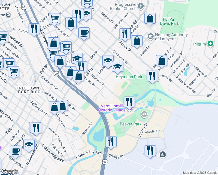 map of restaurants, bars, coffee shops, grocery stores, and more near 329 Gauthier Rd in Lafayette
