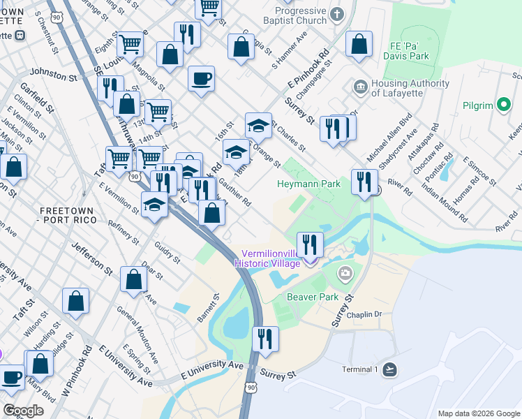 map of restaurants, bars, coffee shops, grocery stores, and more near 329 Gauthier Rd in Lafayette