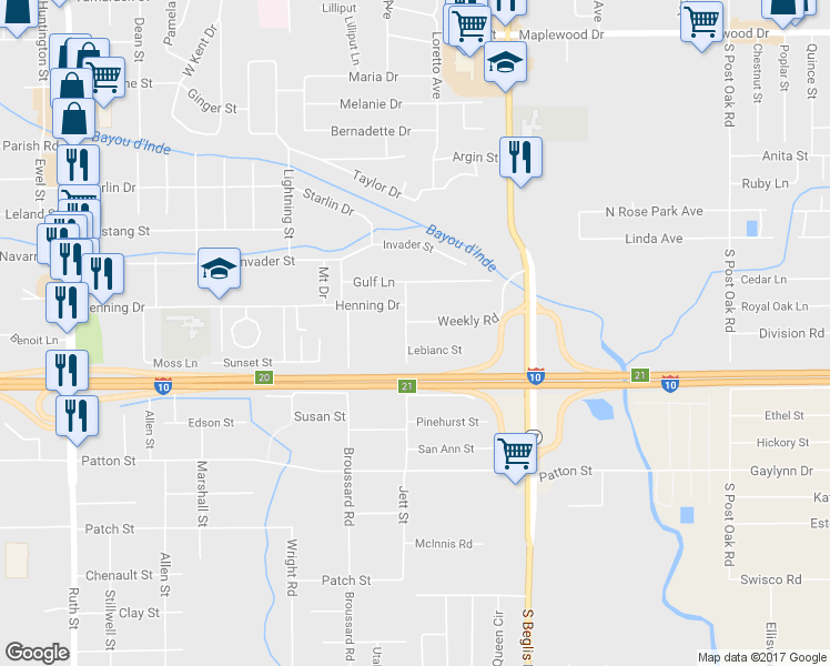map of restaurants, bars, coffee shops, grocery stores, and more near 2303 Jett Street in Sulphur