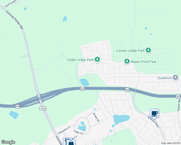 map of restaurants, bars, coffee shops, grocery stores, and more near 16165 Summer Breeze Court in Conroe