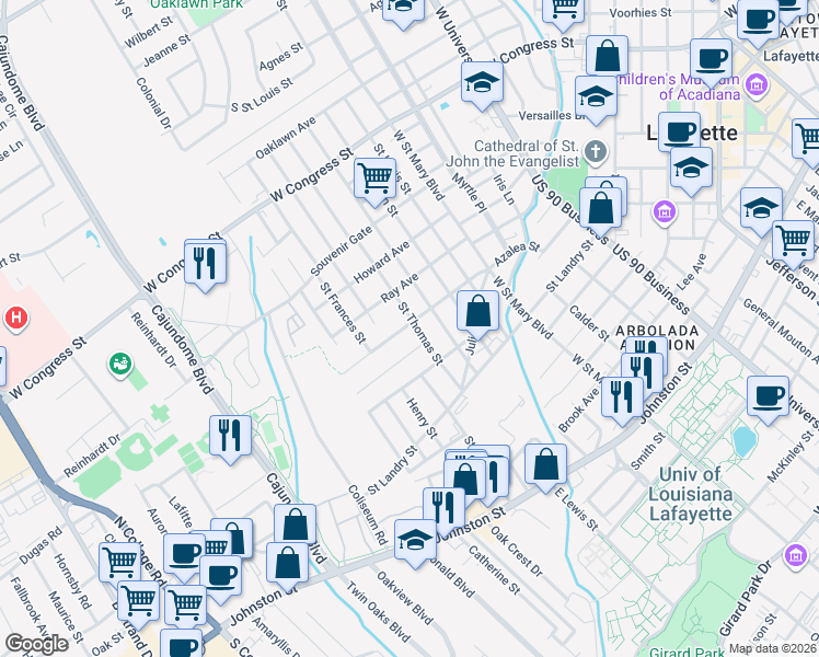 map of restaurants, bars, coffee shops, grocery stores, and more near 315 Saint Thomas Street in Lafayette