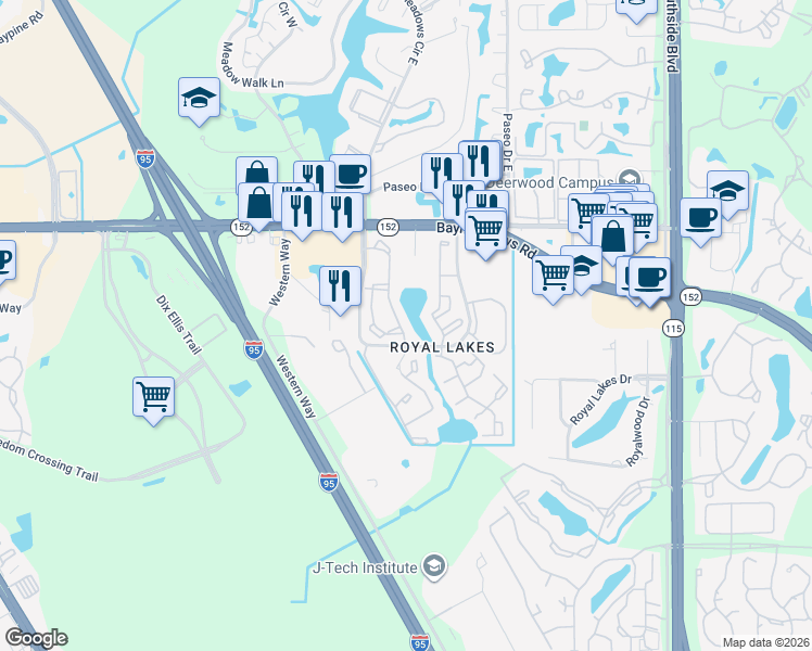 map of restaurants, bars, coffee shops, grocery stores, and more near 8231 Princeton Square Boulevard West in Jacksonville