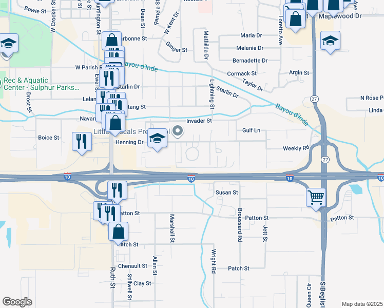 map of restaurants, bars, coffee shops, grocery stores, and more near 700 Henning Drive in Sulphur