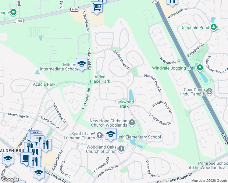 map of restaurants, bars, coffee shops, grocery stores, and more near 14 Leaf Spring Place in Spring