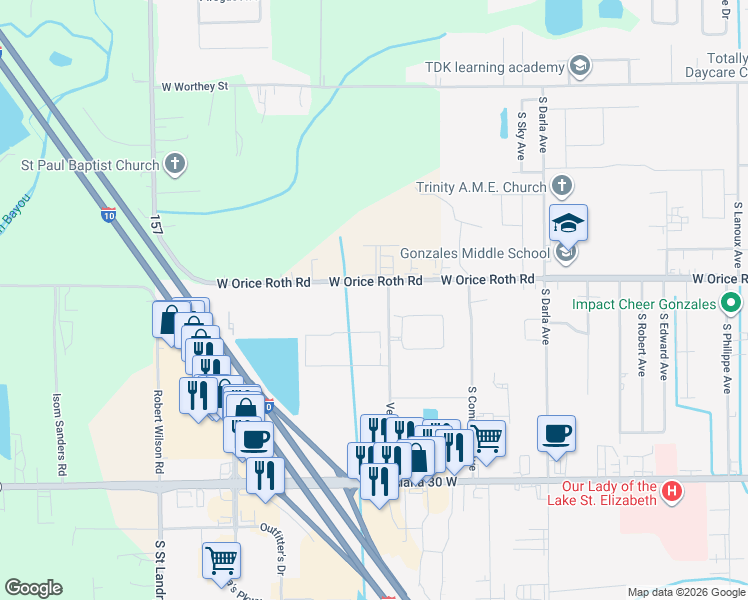 map of restaurants, bars, coffee shops, grocery stores, and more near 38237 Highway 74 in Gonzales
