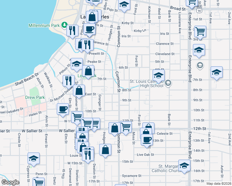 map of restaurants, bars, coffee shops, grocery stores, and more near 539 East Street in Lake Charles