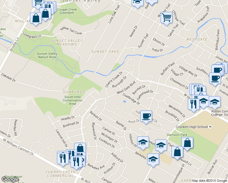 map of restaurants, bars, coffee shops, grocery stores, and more near 5912 West Gate Boulevard in Austin