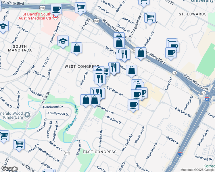 map of restaurants, bars, coffee shops, grocery stores, and more near 4361 South Congress Avenue in Austin