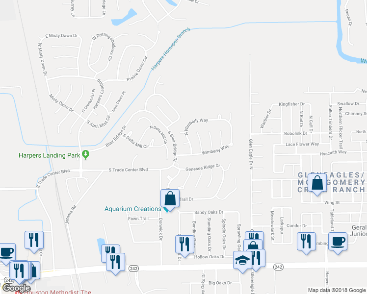 map of restaurants, bars, coffee shops, grocery stores, and more near 11 Bay Chapel Court in Conroe