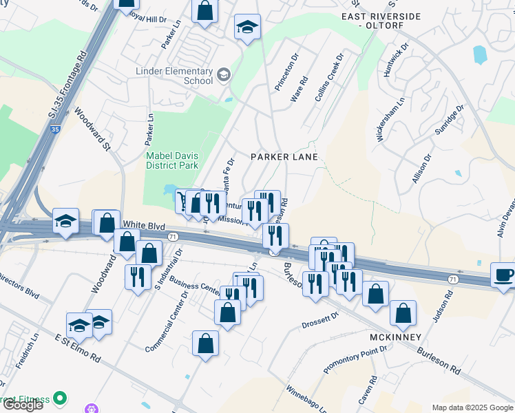map of restaurants, bars, coffee shops, grocery stores, and more near 2408 Ventura Drive in Austin