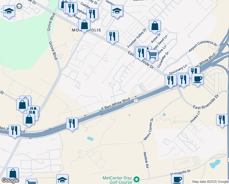map of restaurants, bars, coffee shops, grocery stores, and more near 2109 Hermia Street in Austin