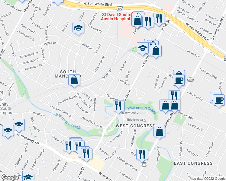 map of restaurants, bars, coffee shops, grocery stores, and more near 4616 Raintree Boulevard in Austin