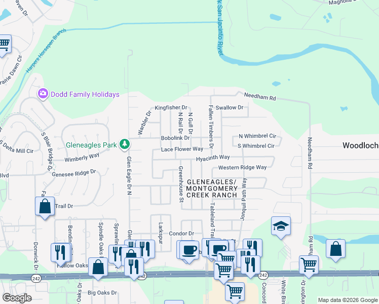 map of restaurants, bars, coffee shops, grocery stores, and more near 9884 Lace Flower Way in Conroe