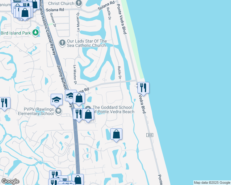 map of restaurants, bars, coffee shops, grocery stores, and more near 20 Sea Winds Lane North in Ponte Vedra Beach