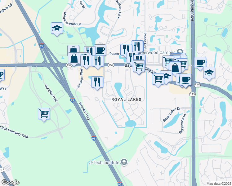 map of restaurants, bars, coffee shops, grocery stores, and more near 8231 Princeton Square Boulevard West in Jacksonville