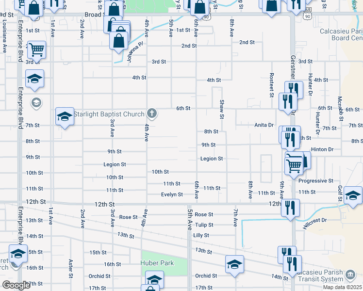 map of restaurants, bars, coffee shops, grocery stores, and more near 2129 9th St in Lake Charles