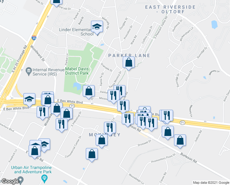map of restaurants, bars, coffee shops, grocery stores, and more near 2408 Ventura Drive in Austin