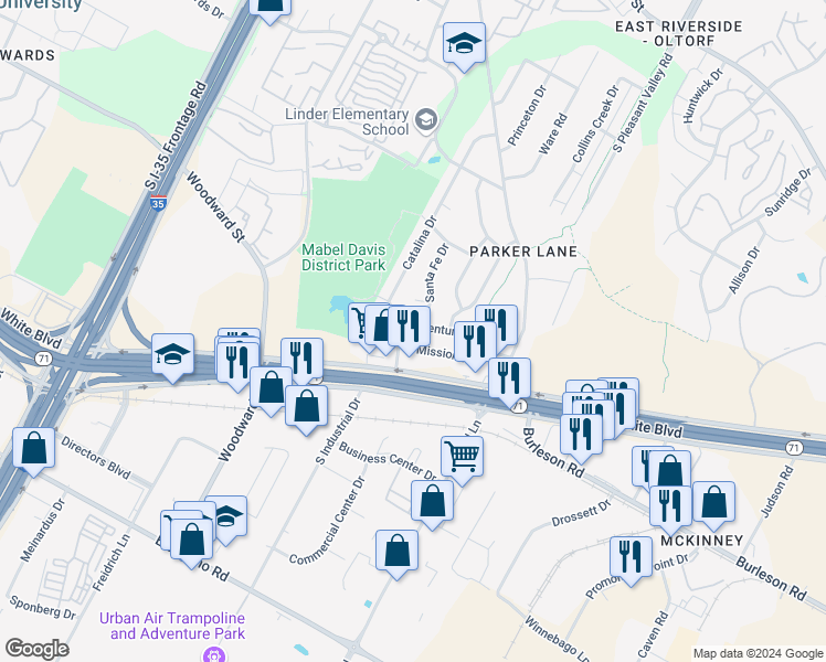 map of restaurants, bars, coffee shops, grocery stores, and more near 3601 Catalina Drive in Austin