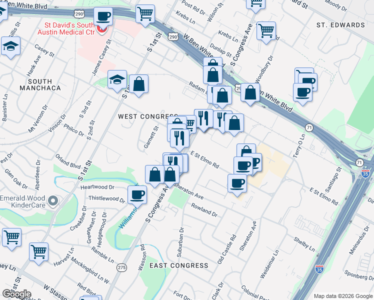 map of restaurants, bars, coffee shops, grocery stores, and more near 4361 South Congress Avenue in Austin