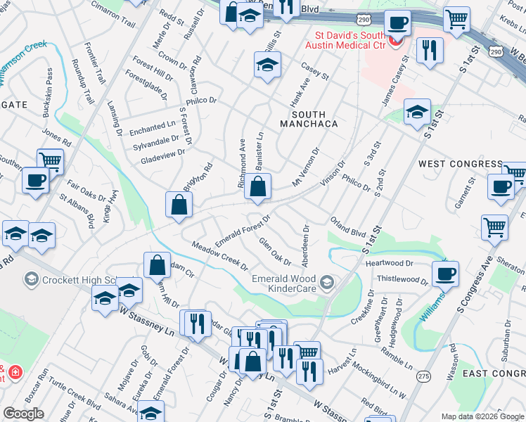 map of restaurants, bars, coffee shops, grocery stores, and more near 4801 Emerald Forest Drive in Austin
