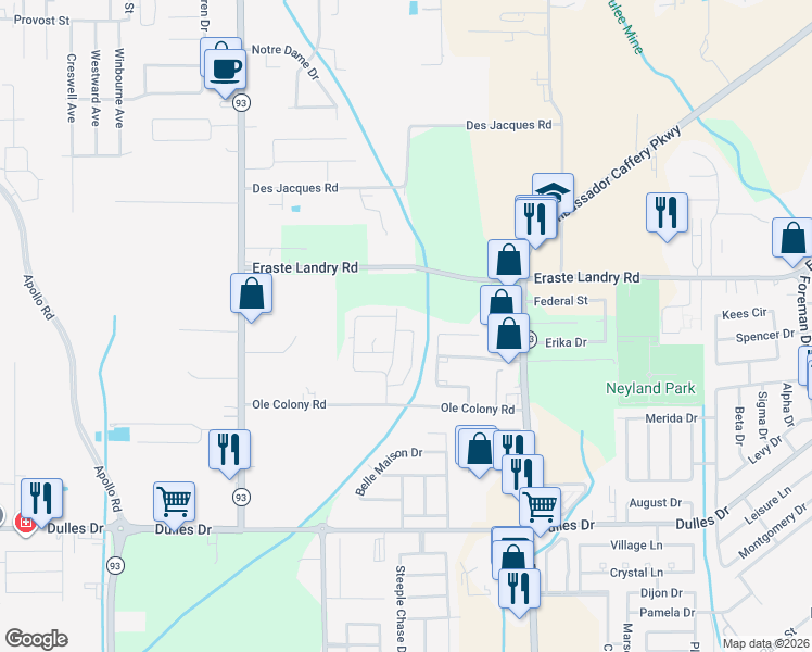 map of restaurants, bars, coffee shops, grocery stores, and more near 308 Young Drive in Lafayette