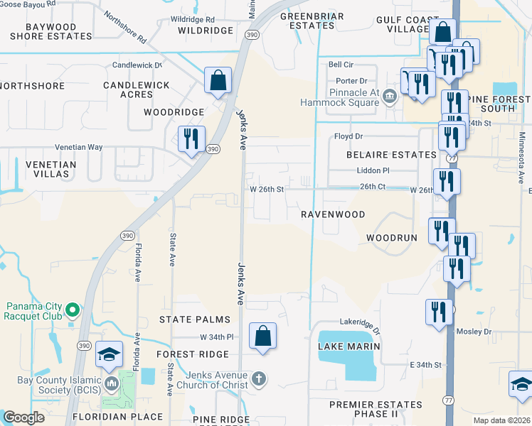 map of restaurants, bars, coffee shops, grocery stores, and more near 2704 Ashlee Way in Lynn Haven