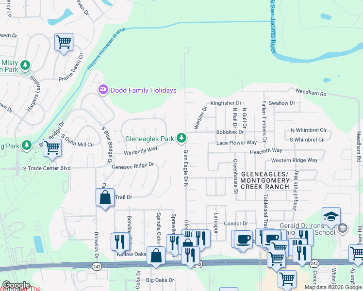 map of restaurants, bars, coffee shops, grocery stores, and more near 16816 Glen Eagle Drive North in Conroe