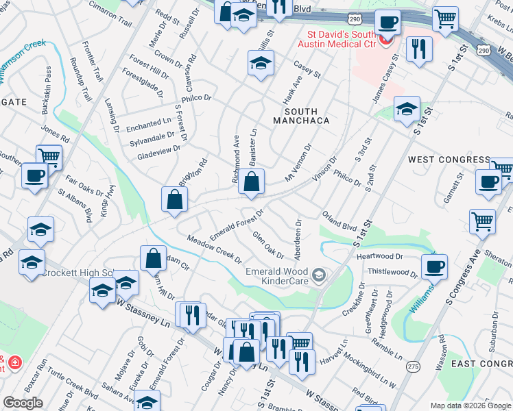 map of restaurants, bars, coffee shops, grocery stores, and more near 4801 Emerald Forest Drive in Austin