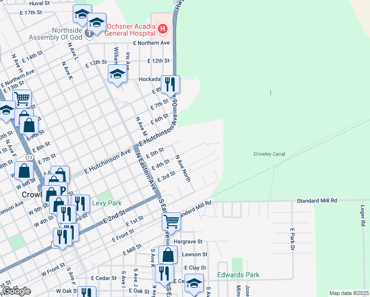 map of restaurants, bars, coffee shops, grocery stores, and more near 1025 East 4th Street in Crowley