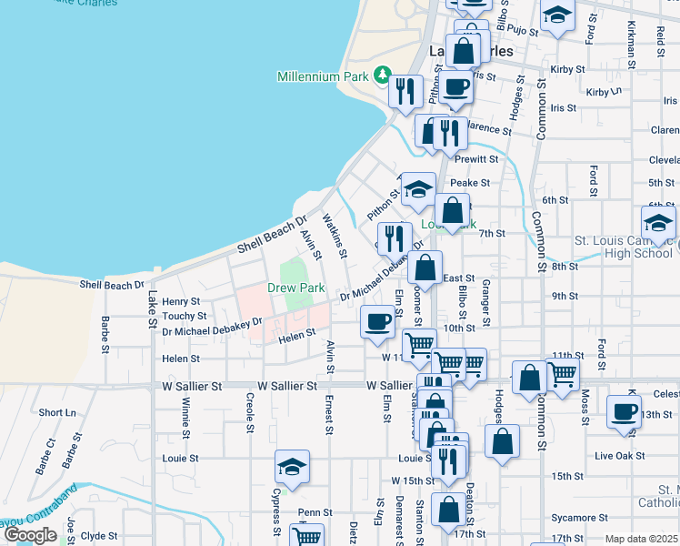 map of restaurants, bars, coffee shops, grocery stores, and more near 1620 Watkins St in Lake Charles