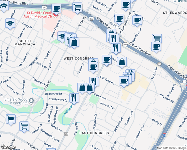 map of restaurants, bars, coffee shops, grocery stores, and more near 4402 South Congress Avenue in Austin