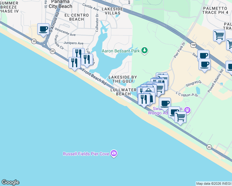 map of restaurants, bars, coffee shops, grocery stores, and more near 16417 Front Beach Road in Panama City Beach