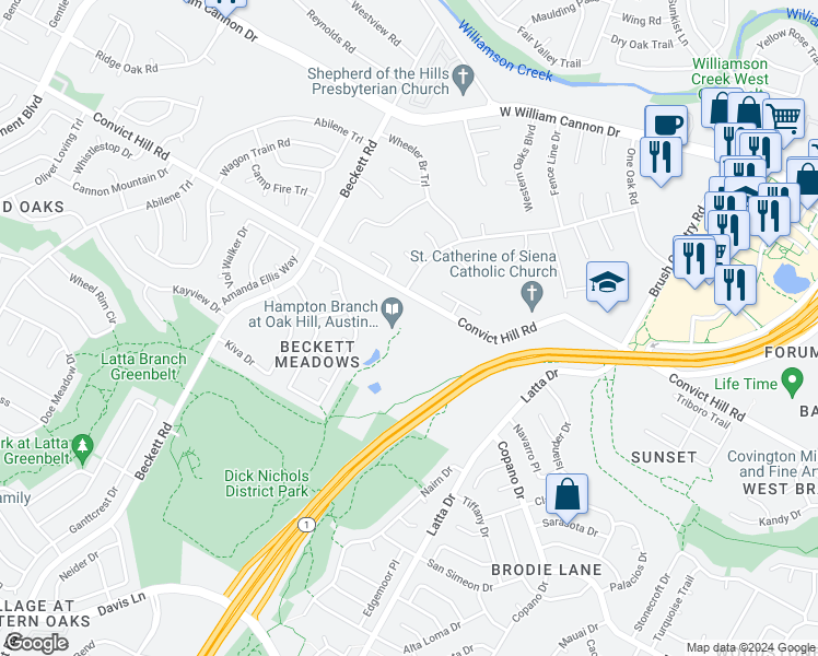 map of restaurants, bars, coffee shops, grocery stores, and more near 5119 1/2 Convict Hill Road in Austin