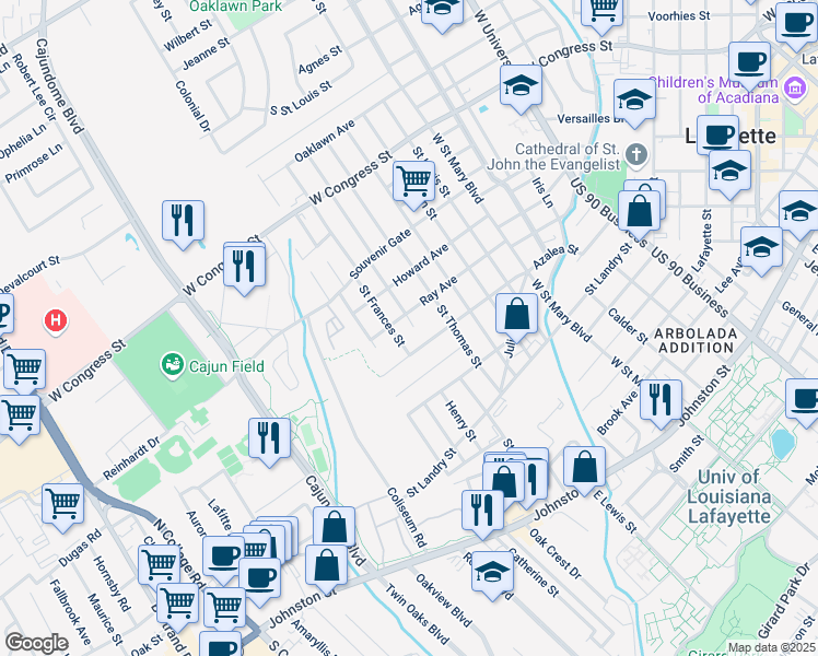 map of restaurants, bars, coffee shops, grocery stores, and more near 401 St Catherine St in Lafayette