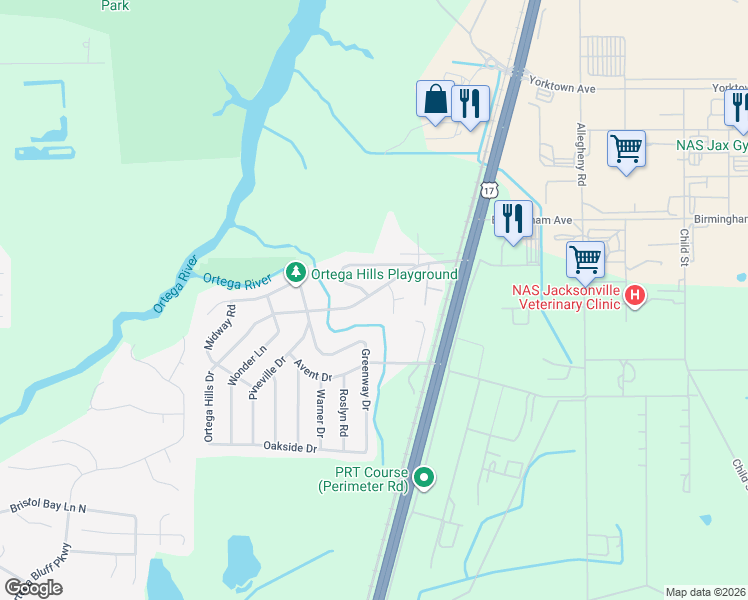 map of restaurants, bars, coffee shops, grocery stores, and more near 4870 Ortega Hills Drive in Jacksonville