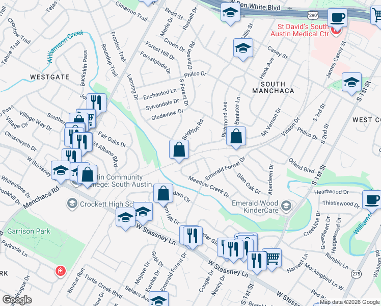 map of restaurants, bars, coffee shops, grocery stores, and more near 5054 Richmond Avenue in Austin