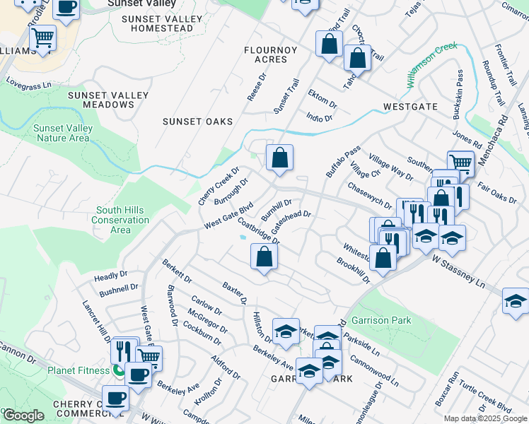 map of restaurants, bars, coffee shops, grocery stores, and more near 5902 Burnhill Drive in Austin