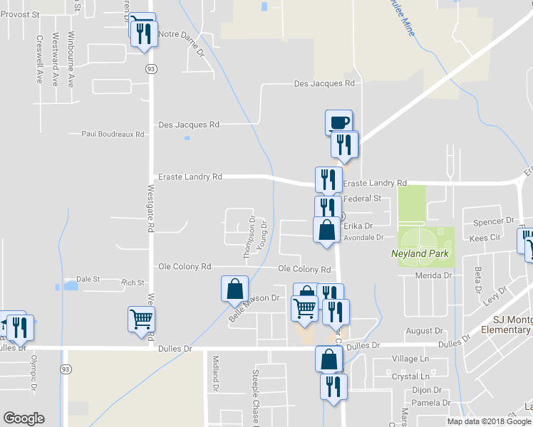map of restaurants, bars, coffee shops, grocery stores, and more near 300 Young Drive in Lafayette