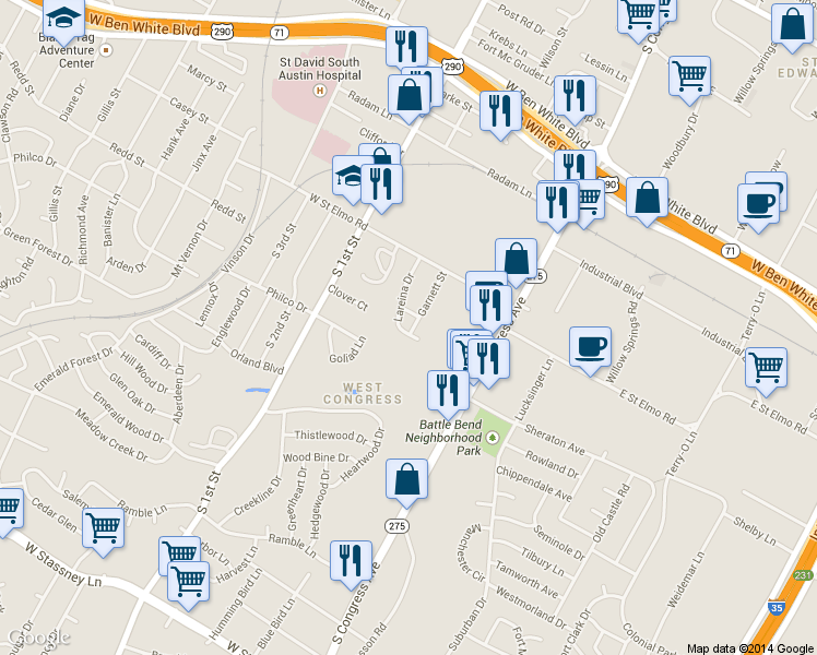 map of restaurants, bars, coffee shops, grocery stores, and more near 4504 Garnett Street in Austin